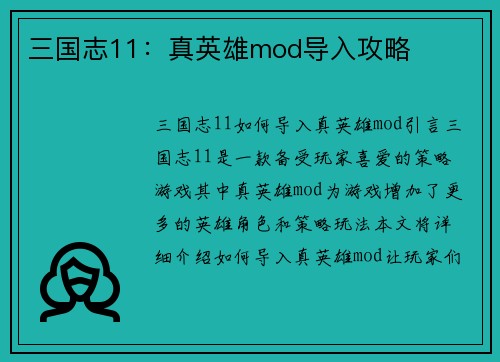 三国志11：真英雄mod导入攻略